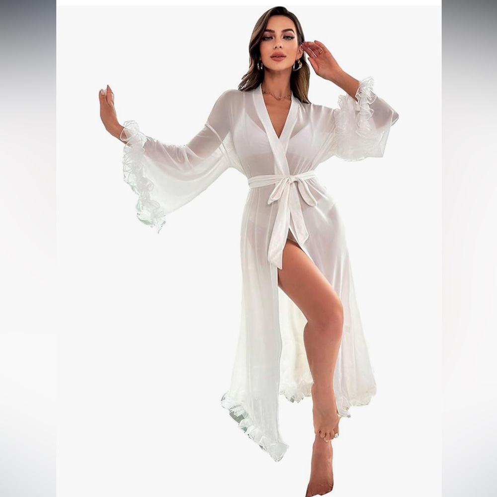 Sheer Ruffle Long Sleeve Robe